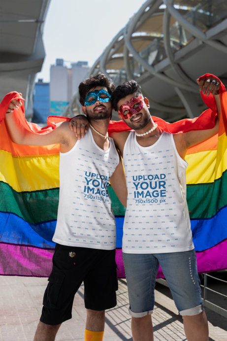 Placeit Tank Top Mockup Featuring A Gay Couple Celebrating Pride Month In The Street