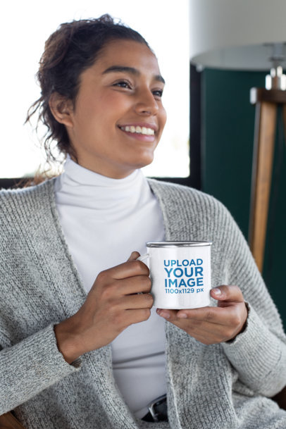 12 oz Enamel Mug Mockup Featuring a Woman with Cozy Garments 30834a