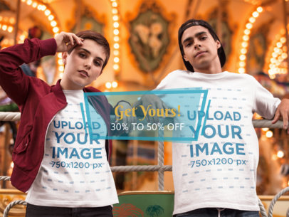Young Couple Relaxing Near the Carousel While Wearing T-Shirts Mockup a16439