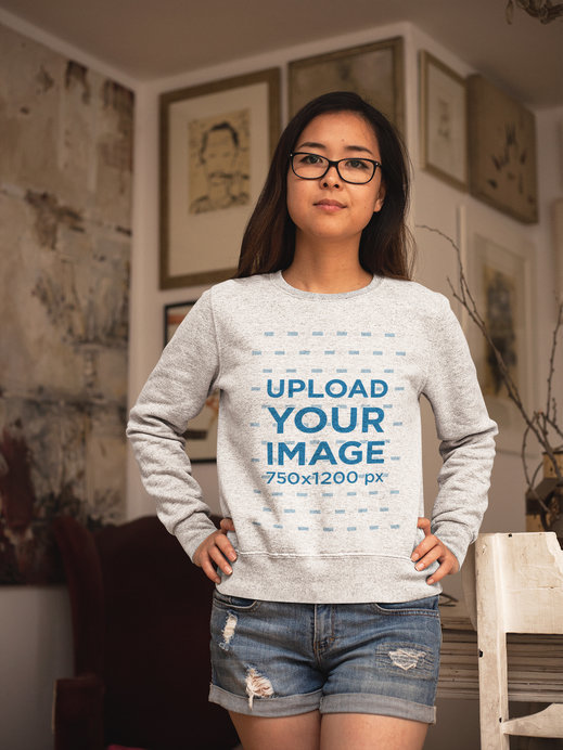 Placeit Asian Woman Wearing a Crew Neck Sweatshirt Template While