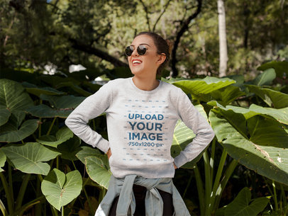Placeit Pretty Woman in the Forest Wearing a Crew Neck Sweatshirt