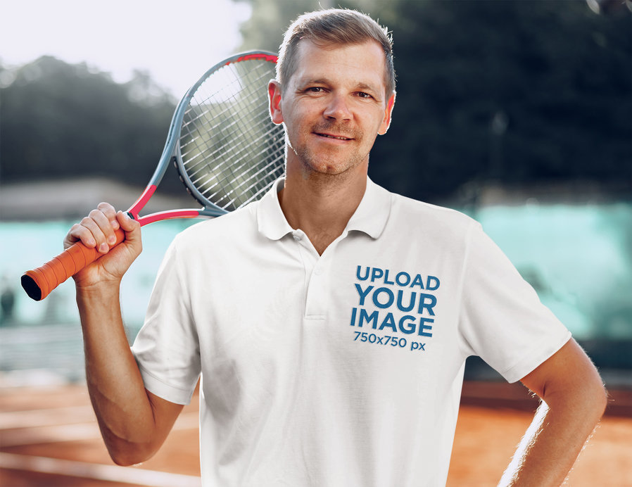 Placeit - Polo Shirt Featuring a Happy Tennis Player Carrying a Racket