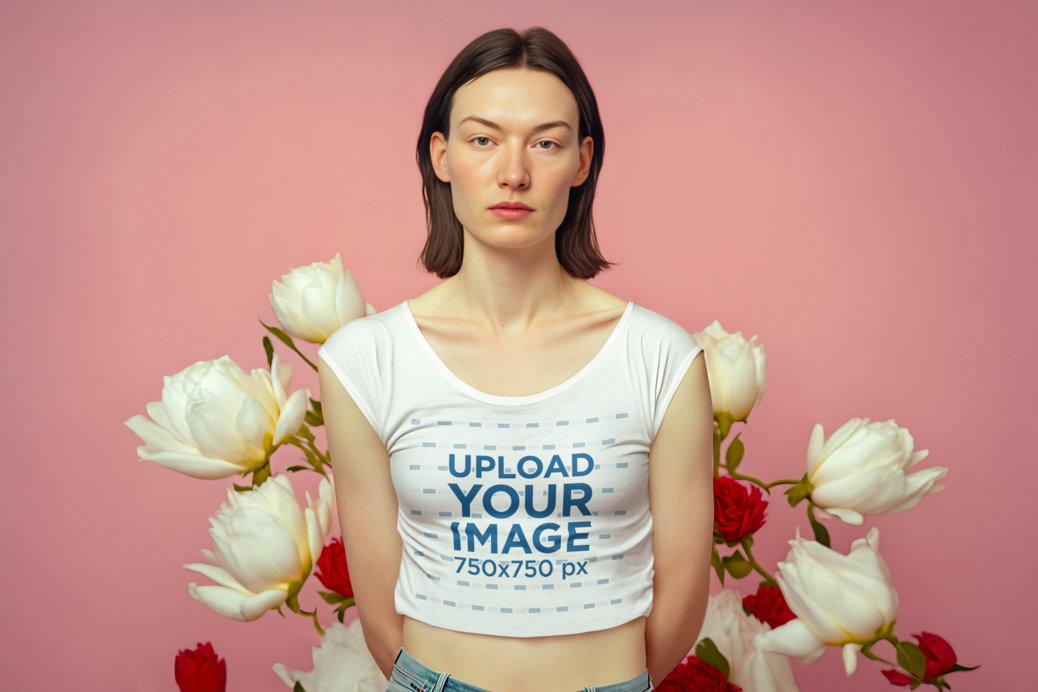 Placeit - AI-Generated Mockup of a Woman Wearing a Rolled-Up T-Shirt