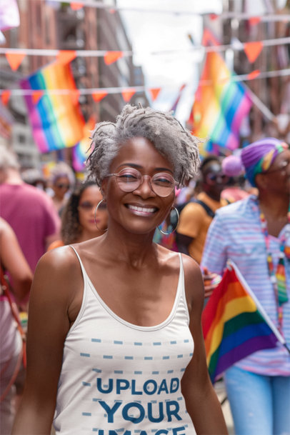 AI-Created Mockup of a Woman Wearing a Tank Top Walking at a Gay Pride Parade
