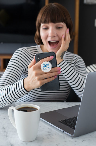 Phone Grip Mockup of a Surprised Woman Looking at Her Phone 28158