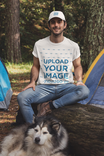 T-Shirt and Dad Hat Mockup of a Man at a Camping Site with His Dog 30475