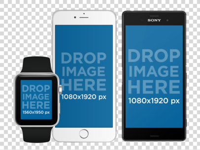 Smartwatch with iPhone 6 and Android Phone Set in Portrait Position Mockup a11868