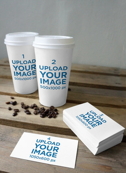 Mockup Featuring Two Coffee Cups and Some Business Cards on a Rustic Wooden Table 3790-el1