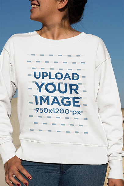 Cropped Face Mockup Featuring a Smiling Woman with a Crewneck Sweatshirt 33974