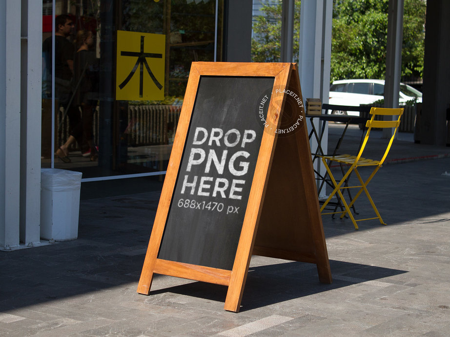 Placeit Chalkboard Standing Sign Mockup Outside a Restaurant