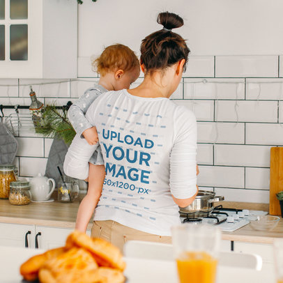 Long Sleeve Tee Mockup of a Mom Cooking While Holding Her Baby 40757-r-el2